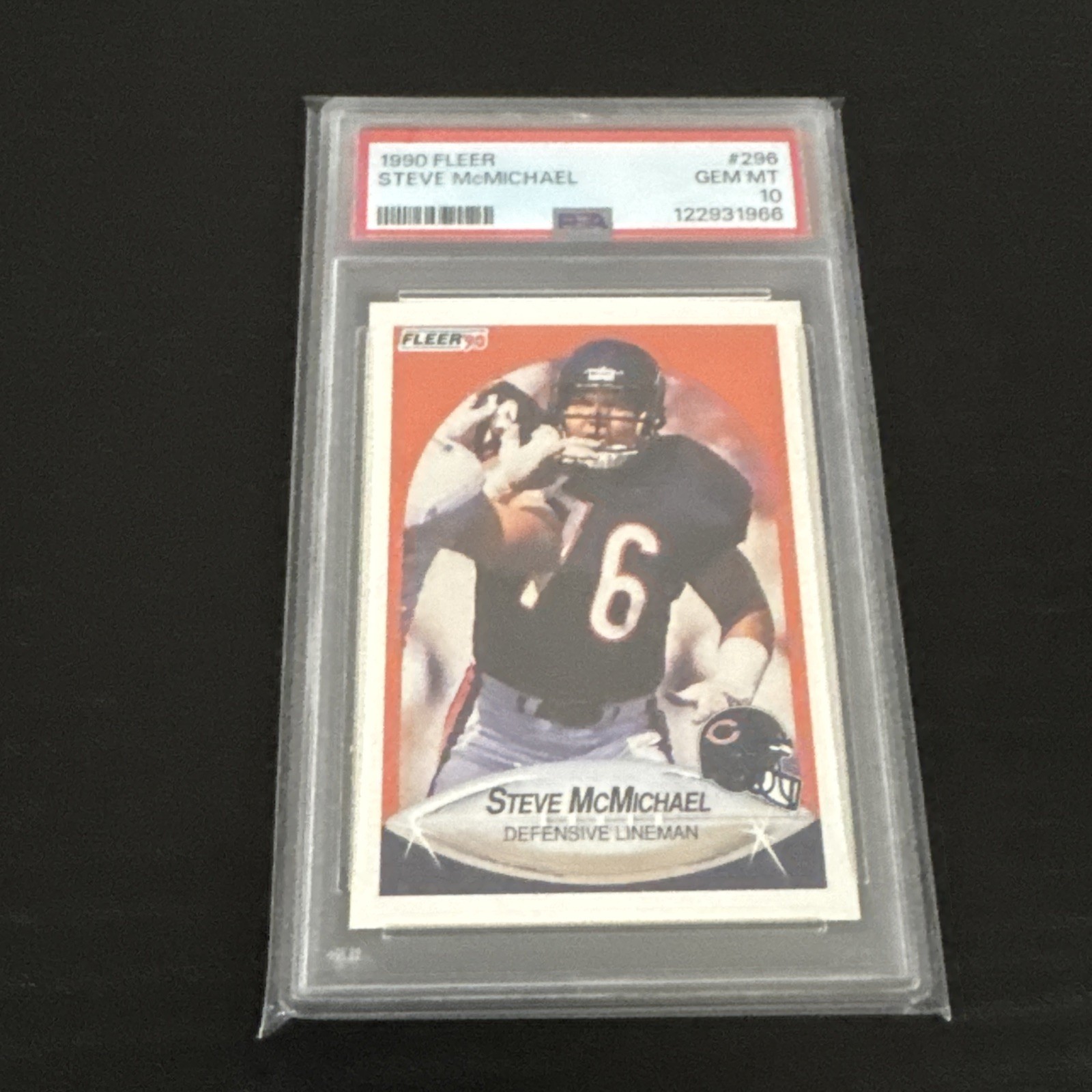 1990 Fleer STEVE McMICHAEL, #296, Chicago Bears, PSA 10, GEM MINT, HOF