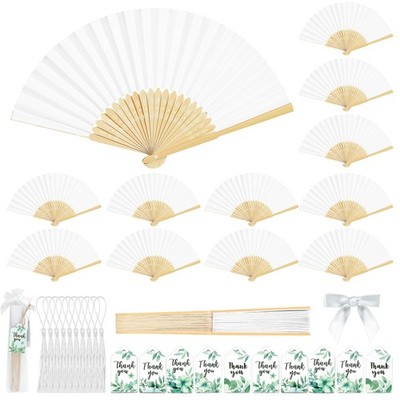 100 Set Folding Fan Set White Bamboo Handheld Fans with Bows Decor, Thank You...