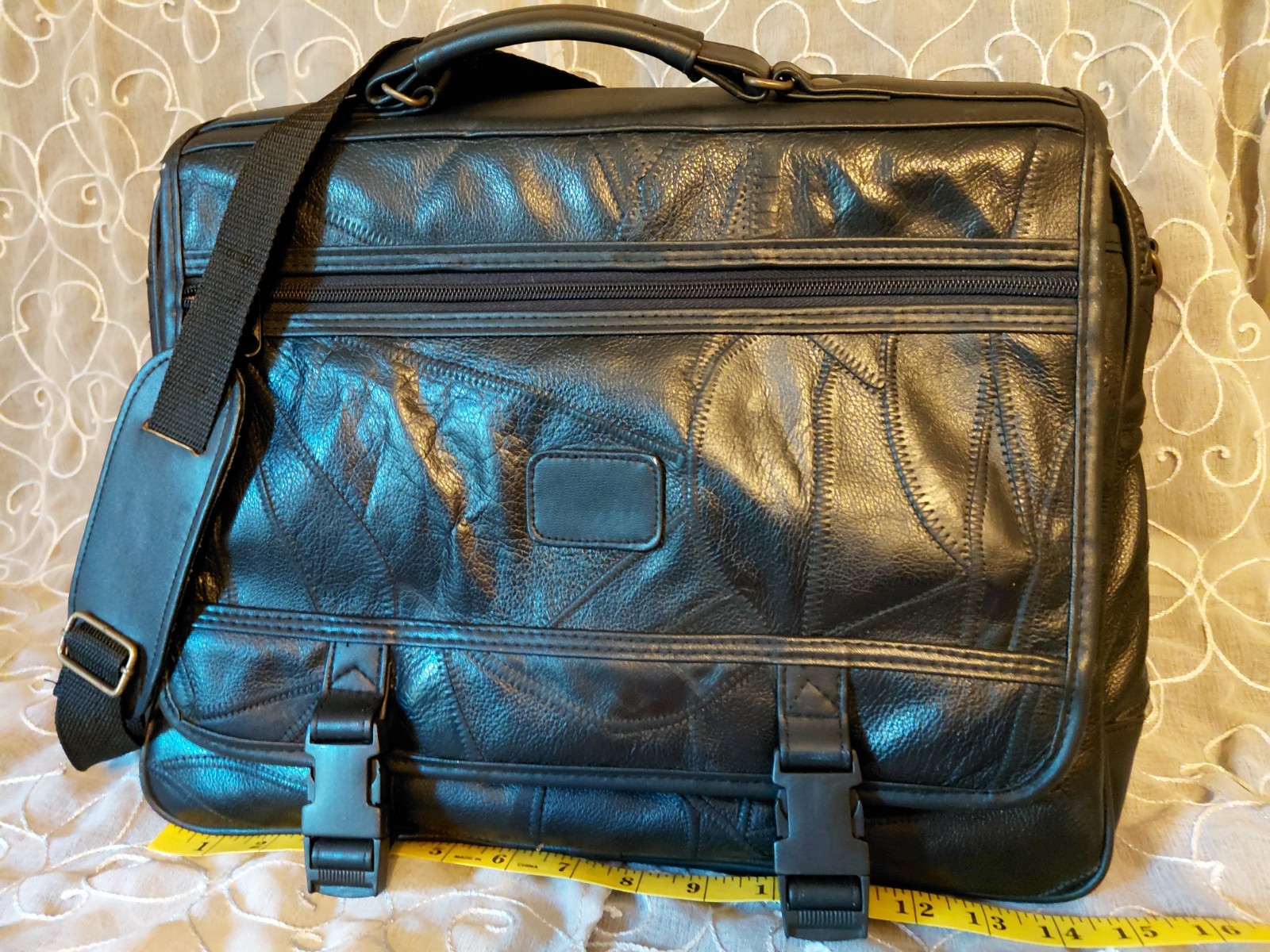 Black leather patchwork briefcase Vintage laptop … - image 1