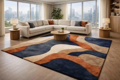 Rug Hand Tufted Midnight Wave Sculpted Wool Area Rug   Modern Abstract Area Rug