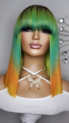 NEW Straight Blunt Cut Bob Full Cap Wig Bangs Style Neon Green Orange Hair Wigs