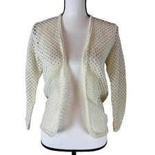 Romantic Vintage 50s Off White Open Front Knit Cardigan Sweater Women's Medium