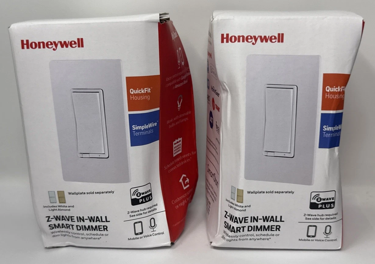 2 Honeywell Z-Wave InWall Smart Dimmer ZW3010 White & Light Almond (DAMAGED BOX)