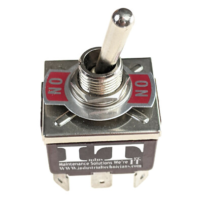 IndusTec 20A Toggle Switch - TPDT (3 Circuits), Maintained, 12V DC, Quick Plug, Black/Silver
