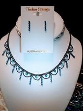 VTG 90's BLUE Austrian CRYSTAL Intricate Dainty VICTORIAN Choker/Collar Set NOS