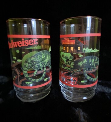 2 Budweiser Vintage Beer Glasses With Iguana ''We Could Have Been Huge'' Logo