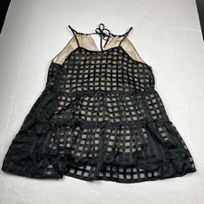 HD Paris Tiered Halter Top Black Beige Sleeveless Cocktail Tie Back Shirt SMALL