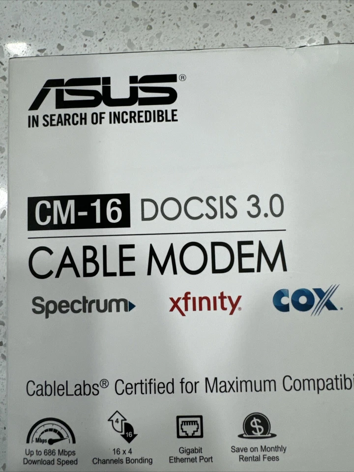 Asus CM-16 DOCSIS 3.0 Cable Modem Gigabit LAN 686Mbps w Power Cord & Ethernet  - Image 2 of 4