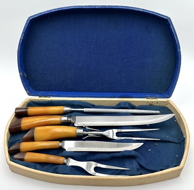 Vintage Royal Brand Cutlery Carving Set Two Tone Bakelite Butterscotch & Brown