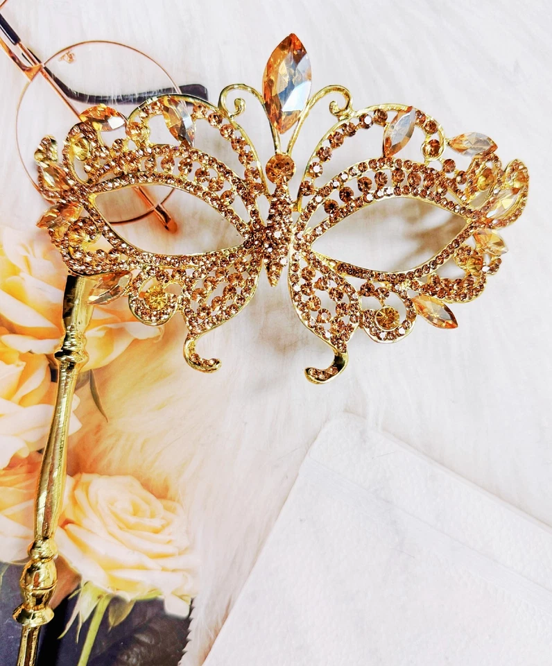 Máscara de mascarada de champán, máscara de mano de cristal, máscara de oro amarillo, máscara de boda Foto 3 de 4