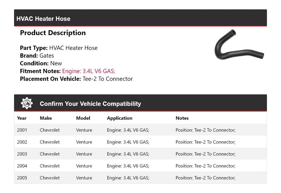 Manguera de calefacción de climatización para Chevrolet Venture 2001-2005 Tee-2 a puertas conectoras 2002 Foto 2 de 4