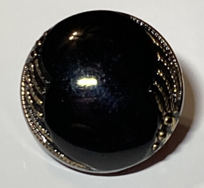 Vintage Black Glass Button Self Shank Textured Abstract Gold Foil Feathers 1/2''