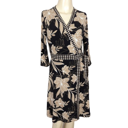 Ann Taylor Floral beige black geometric Reversible 3/4" sleeve Wrap dress sz S - Picture 2 of 15
