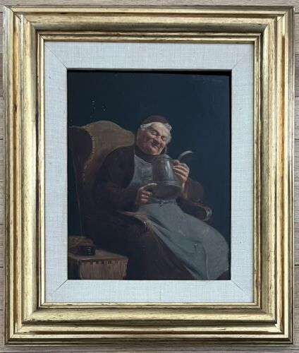 MAX SCHOLZ Antique Original German Signed Oil Painting Monk with Beer Tankard