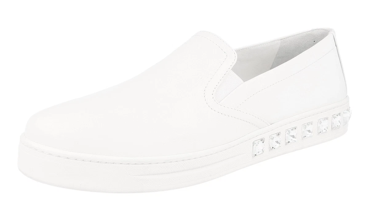 PRADA Leder Downtown KRISTALL Slip-on Sneaker - 1S245G Weiss - NEU - 41 UK 8