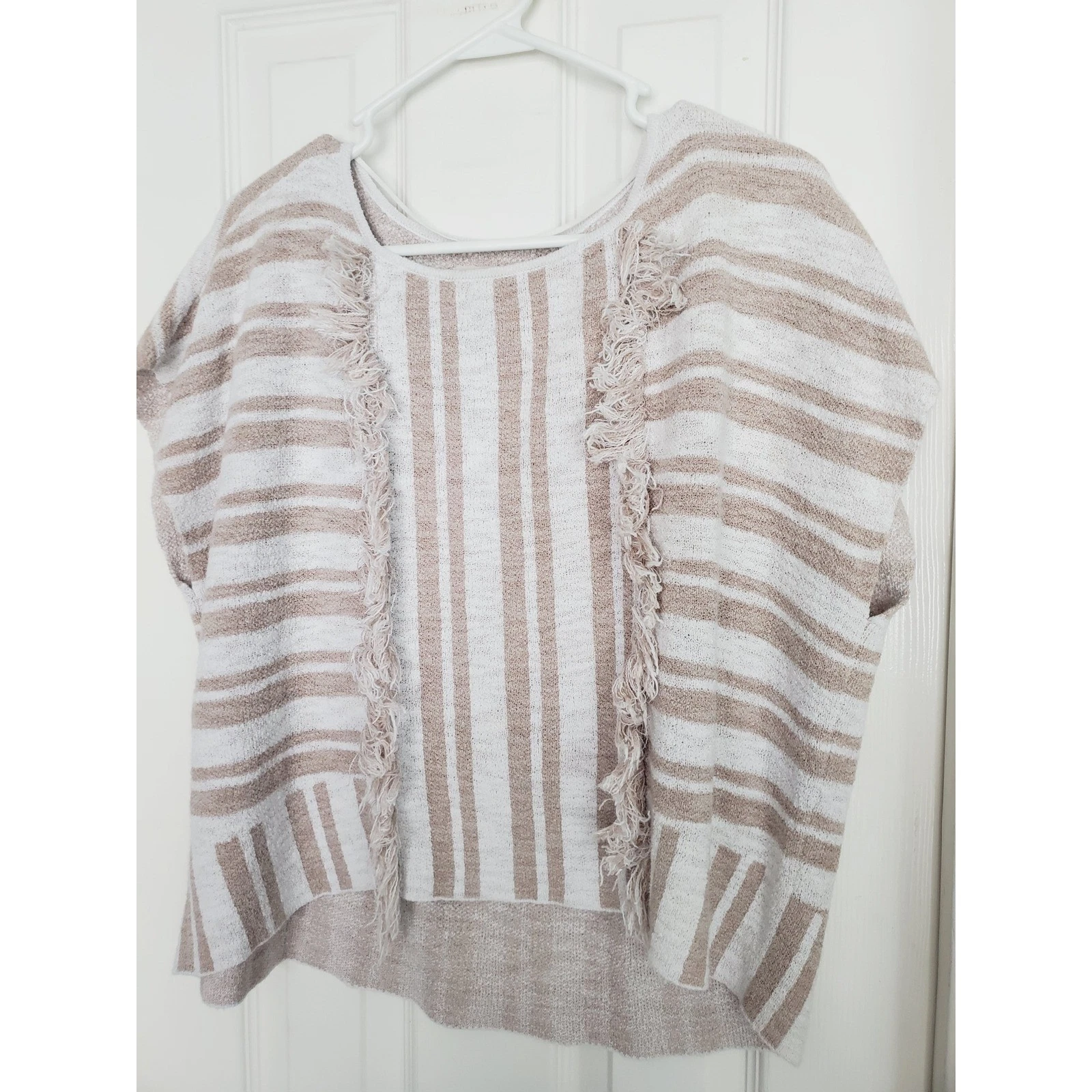 Lou & Grey for LOFT Striped Fringe Poncho Top Tan White Casual Coastal Boho M