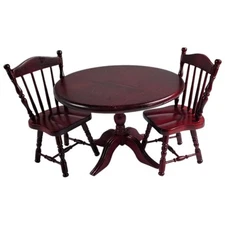 Dollhouse Miniature Concord Dining Table & 2 Spindle Back Chairs Mahogany Finish