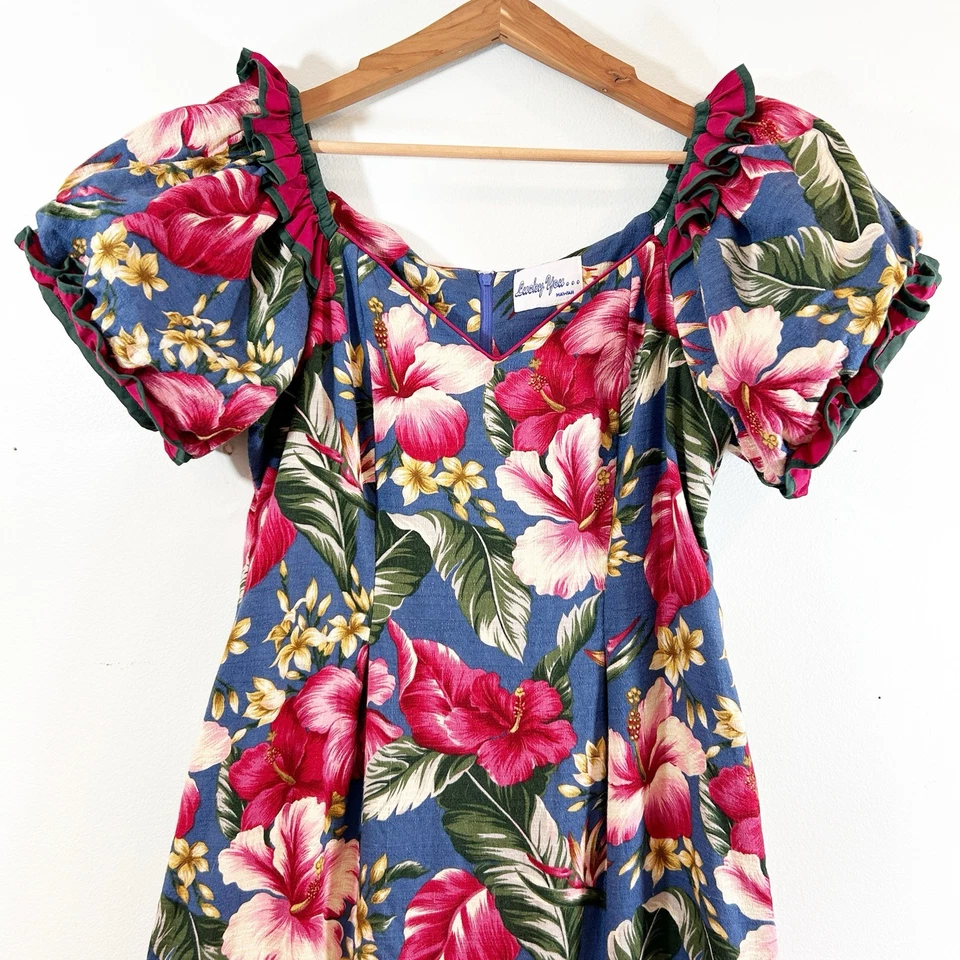 Maxi Vestido Luau Largo Manga Abullonada Rojo Azul Tropical Hawaiano De Colección Lucky You... Foto 2 de 4