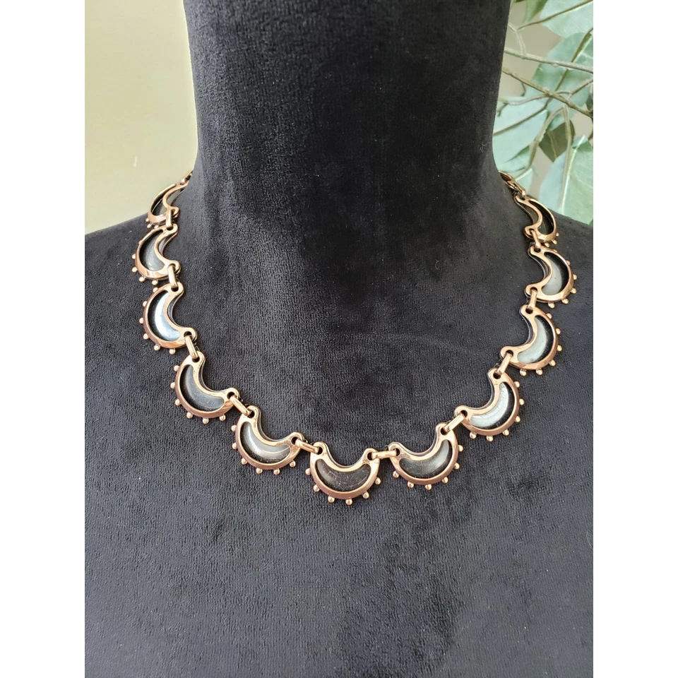 Women Copper with Black Enamel Crescent Moons Clip-On Link Necklace with Lobster - Image 2 of 4