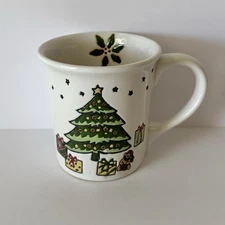 Vintage WCL White Christmas Tree Mug Presents Raised Design Poinsettia Inside