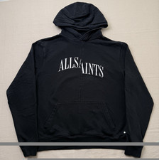 AllSaints Black Cotton Fleece Pullover Hoodie Pockets Logo Mens Regular M