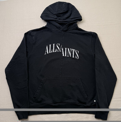 AllSaints Black Cotton Fleece Pullover Hoodie Pockets Logo Mens Regular M