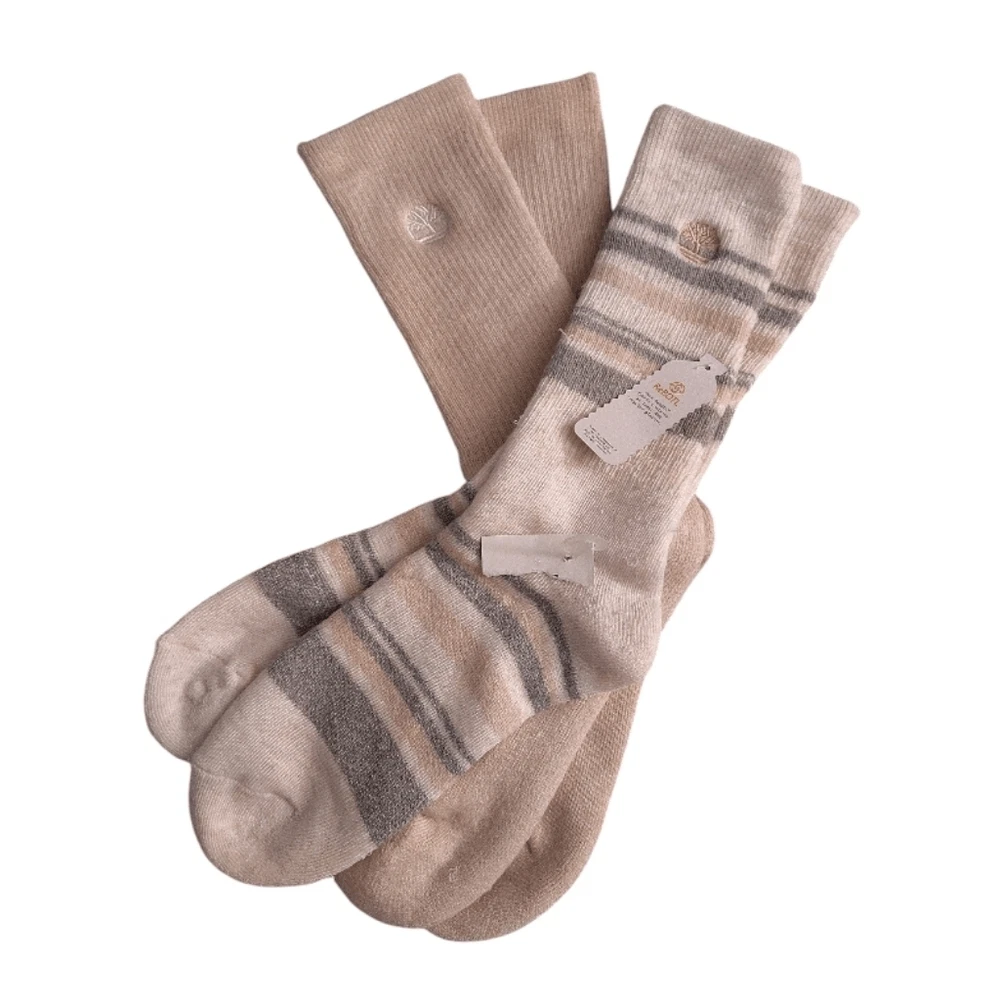 Timberland 2 Pairs Cushioned Boot Socks Logo Pink Grey White Striped NWT