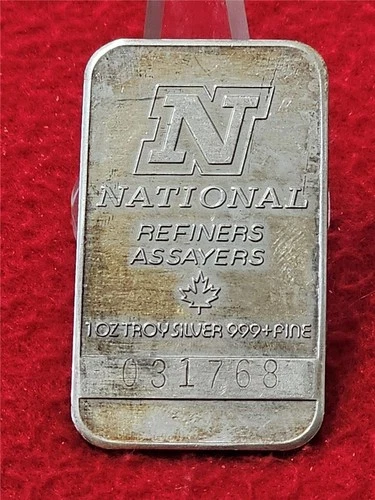 1 TROY OZ 999.0 SILVER INGOT. NATIONAL REFINERS ASSAYERS CANADA #031768  #T1859