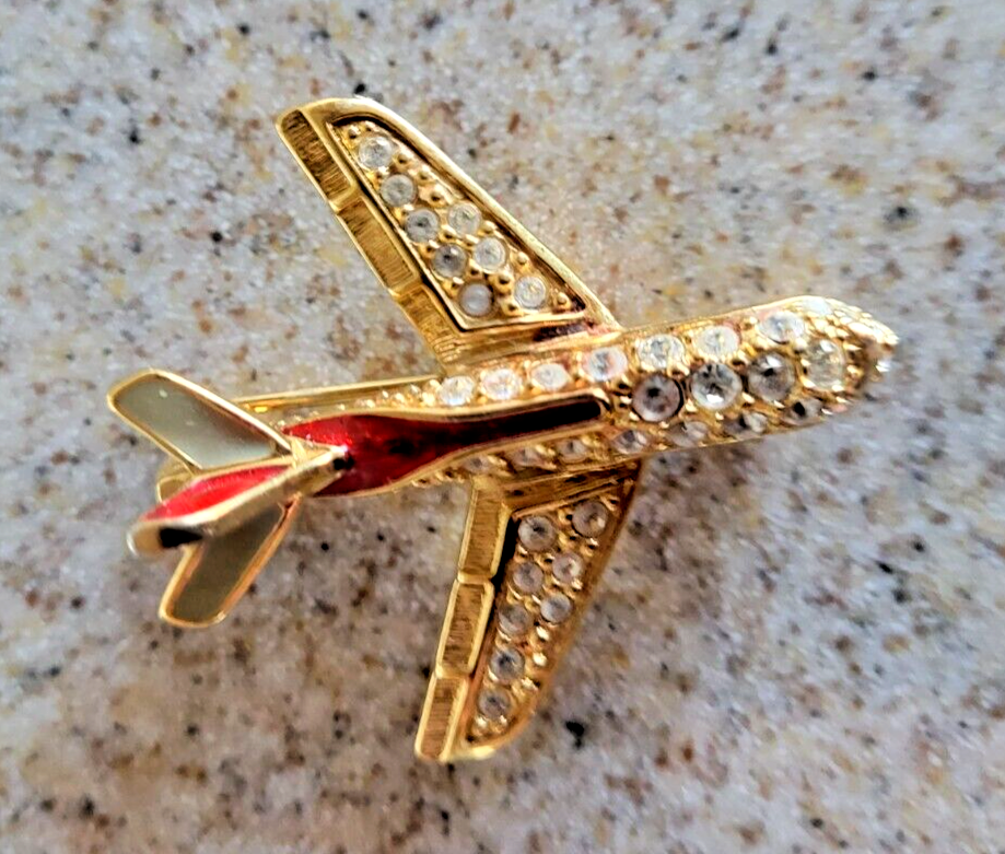 SWAROVSKI CRYSTAL AIRPLANE PIN~BROOCH 22KT GOLD PLATING RETIRED