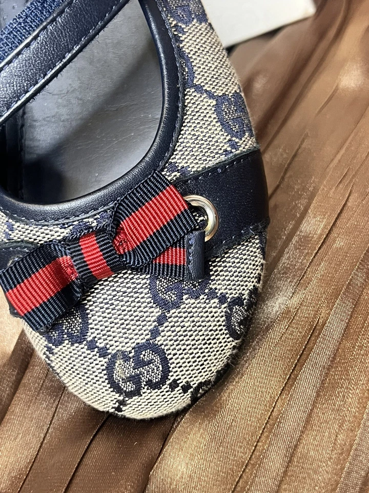 Gucci Girl GG Canvas Stripe Bow Mary Jane Ballet Flats EU Size 30 - Image 3 of 4