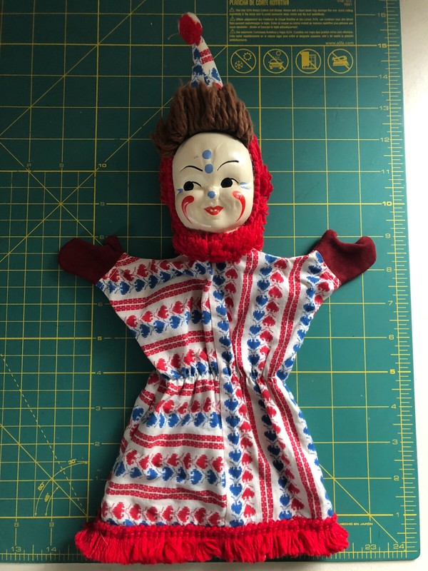 Clown Doll Hand Puppet Vintage Molded Face Blue Red Outfit