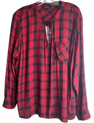 Jessica Simpson Women s Top 2X Long Sleeve Plaid Contrasting Print Tie Neck