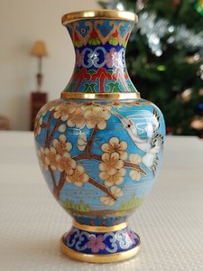 Vintage Chinese Jingtailan Cloisonne Brass Enamel Crane Plum Blossom Flower Vase
