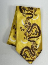 Mens Neck Tie Xiongdi 100 Polyester Yellow With Dragon Motif