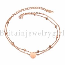 Women Double Layer Heart Beads Anklet Ankle Bracelet Foot Beach Chain Rose Gold