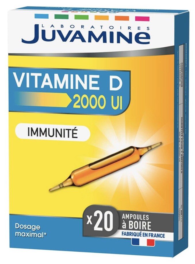Vitamine D 2000 UI Juvamine ampoules buvables pour immunité et os adultes
