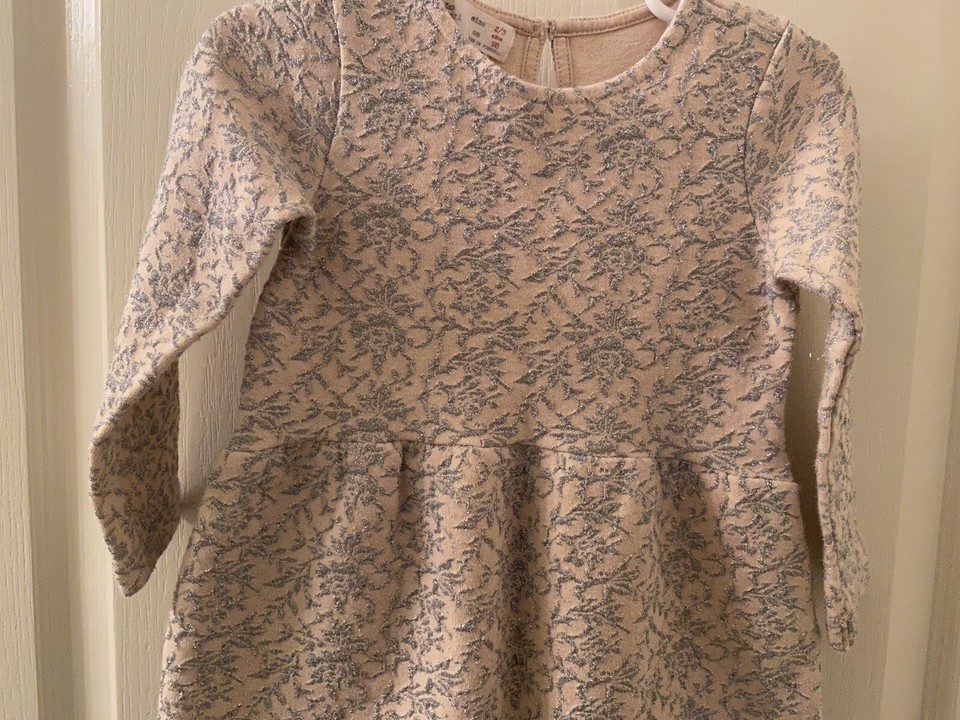 Zara Baby Girl Pink Silver Metallic Jacquard Dress Long Sleeved Size 2