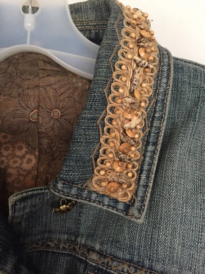 ELIE TAHARI состаренный потертый бисером джутовый цветочный манжеты кнопки джинсовая куртка S P - Изображение 2 из 4