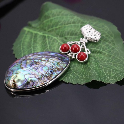 Special Design Huge Natural Abalone Shell Red Pearl Gems Silver Necklace Pendant - Picture 5 of 5