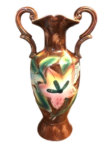 Jarrón urna floral pintado a mano rosa verde remolino marrón de colección Japón en muy buena condición - Imagen 2 de 8