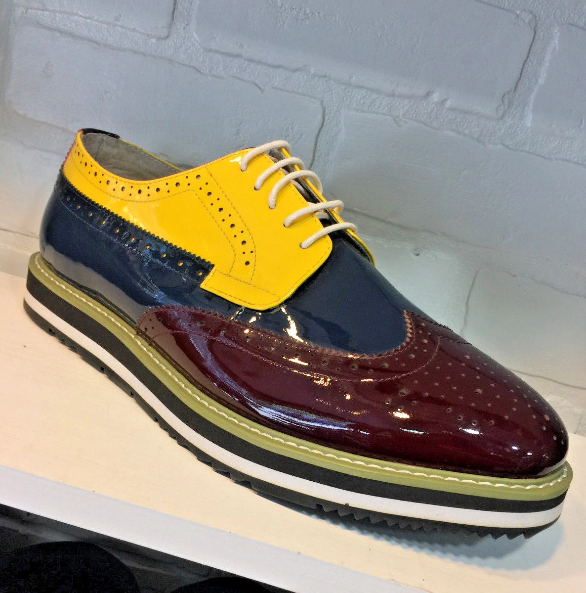 Burgundy and store yellow shoes