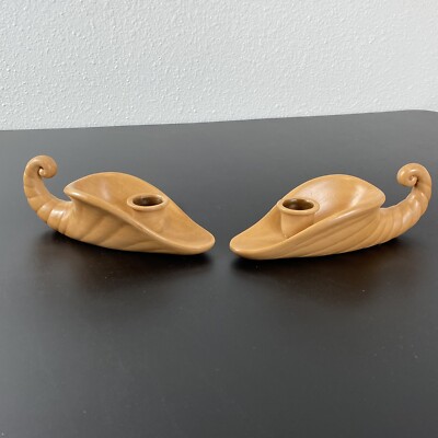 VTG Set Of 2 Cornucopia Candle Stick Holders Thanksgiving Centerpiece Harvest