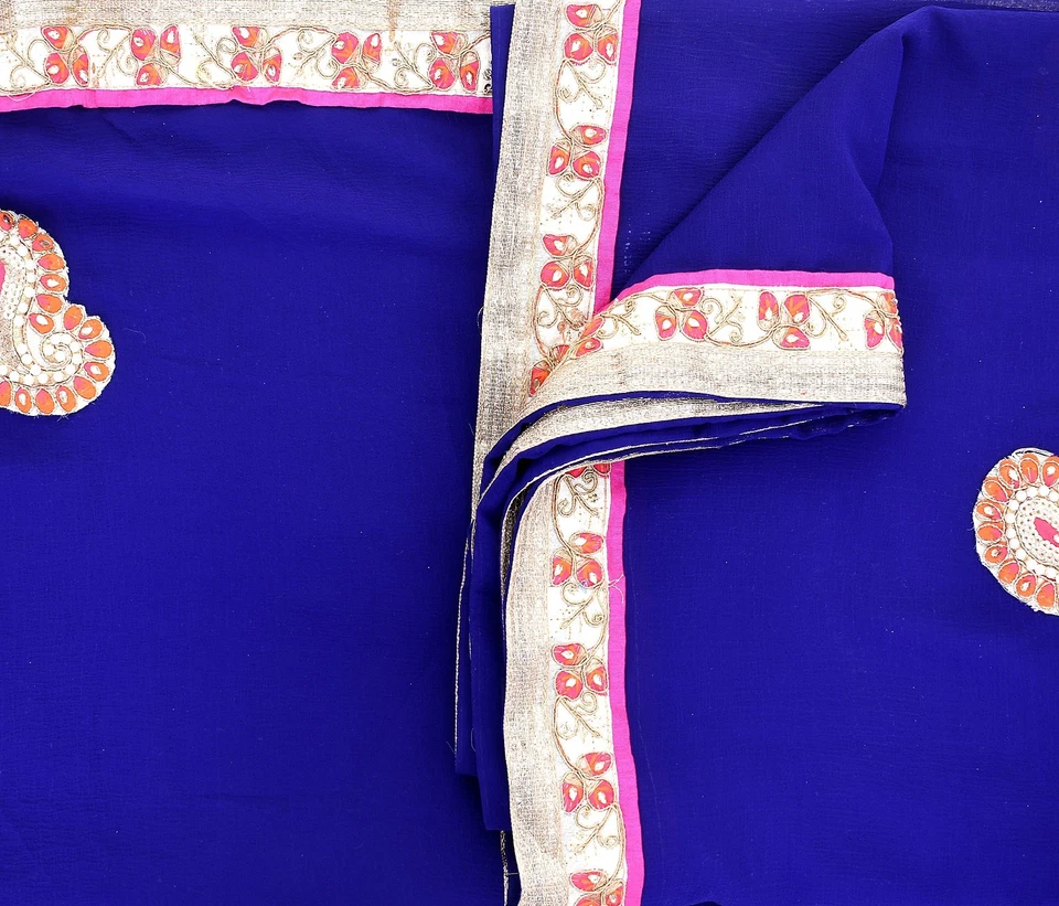 Georgette Embroidered Beaded Vintage Premium Women Blue Sari Woven Craft Fabric - Image 2 of 3