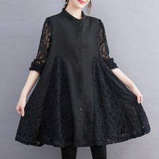 Donna Floreale Pizzo Giuntura Camicia Camicetta Lungo Sciolto Bottoni ad A Swing