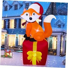 5 FT Christmas Inflatables Fox Standing on Gift Box Decorations LED Lighted