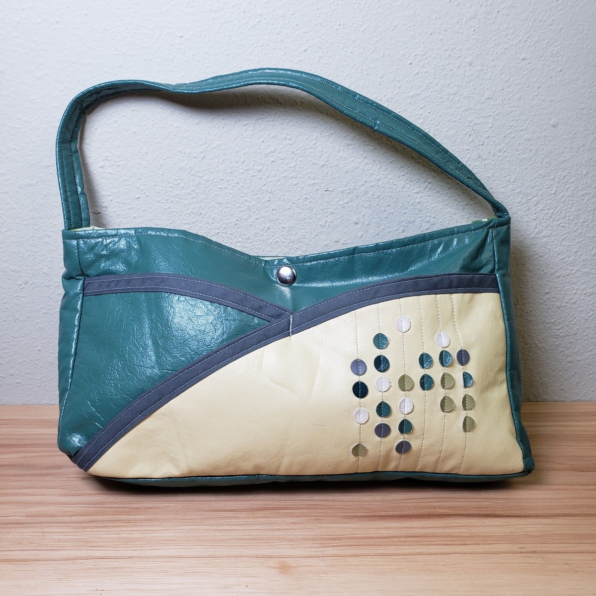 Y2K Vintage Colorblock Hobo Shoulder Bag Teal Cream Polka Dots
