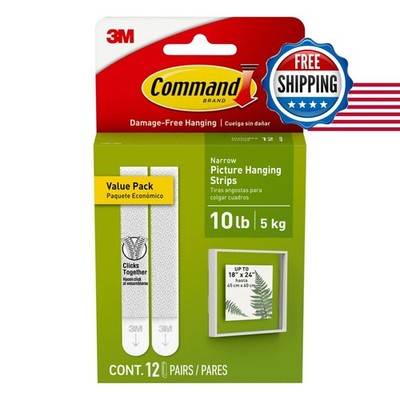 Command 10 Lb Narrow 12 Pairs Picture Hanging Strips (24 Strips), Damage-Free
