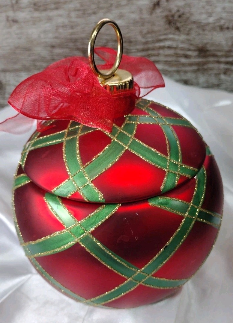 Christmas Bulb Ornament Candy Treat Jar FTD Floral Red Green Gold 5"