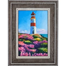 Original Oil Painting Lighthouse Coastal Flowers Impressionist Art 4x6 Framed