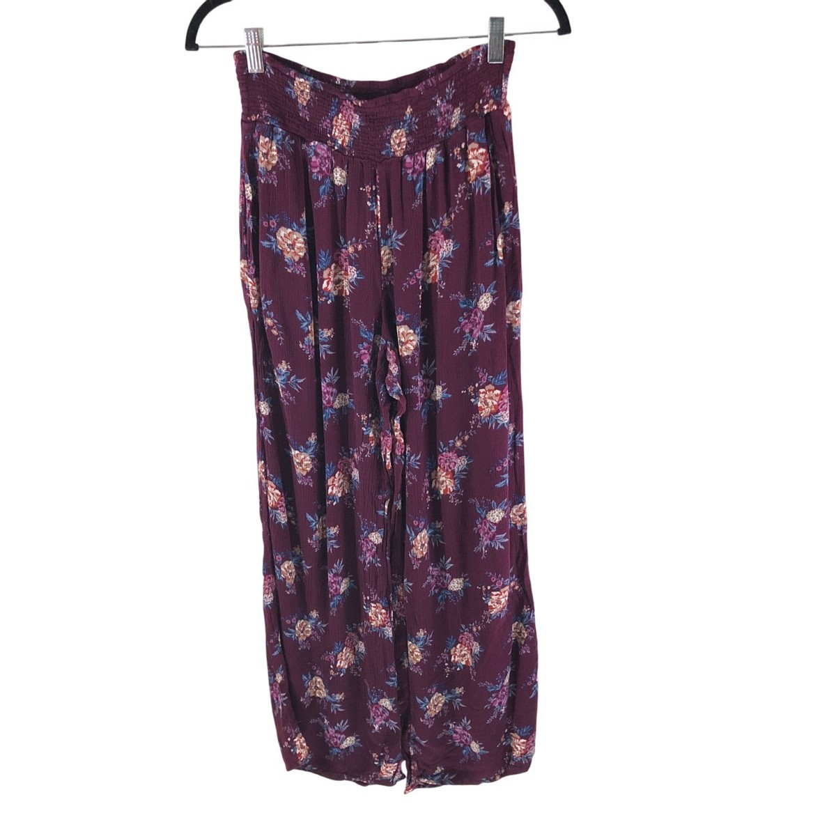 Xhilaration Womens Pants Pull On Wide Leg Crinkled Floral Purple M